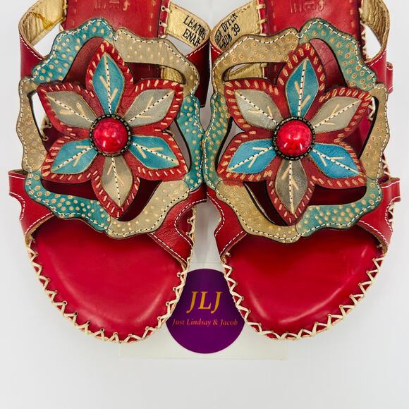 L'Artiste Spring Step Women's Enah Red Leather Floral Sandals Size 39 EU/ 8.5 US - Picture 4 of 13